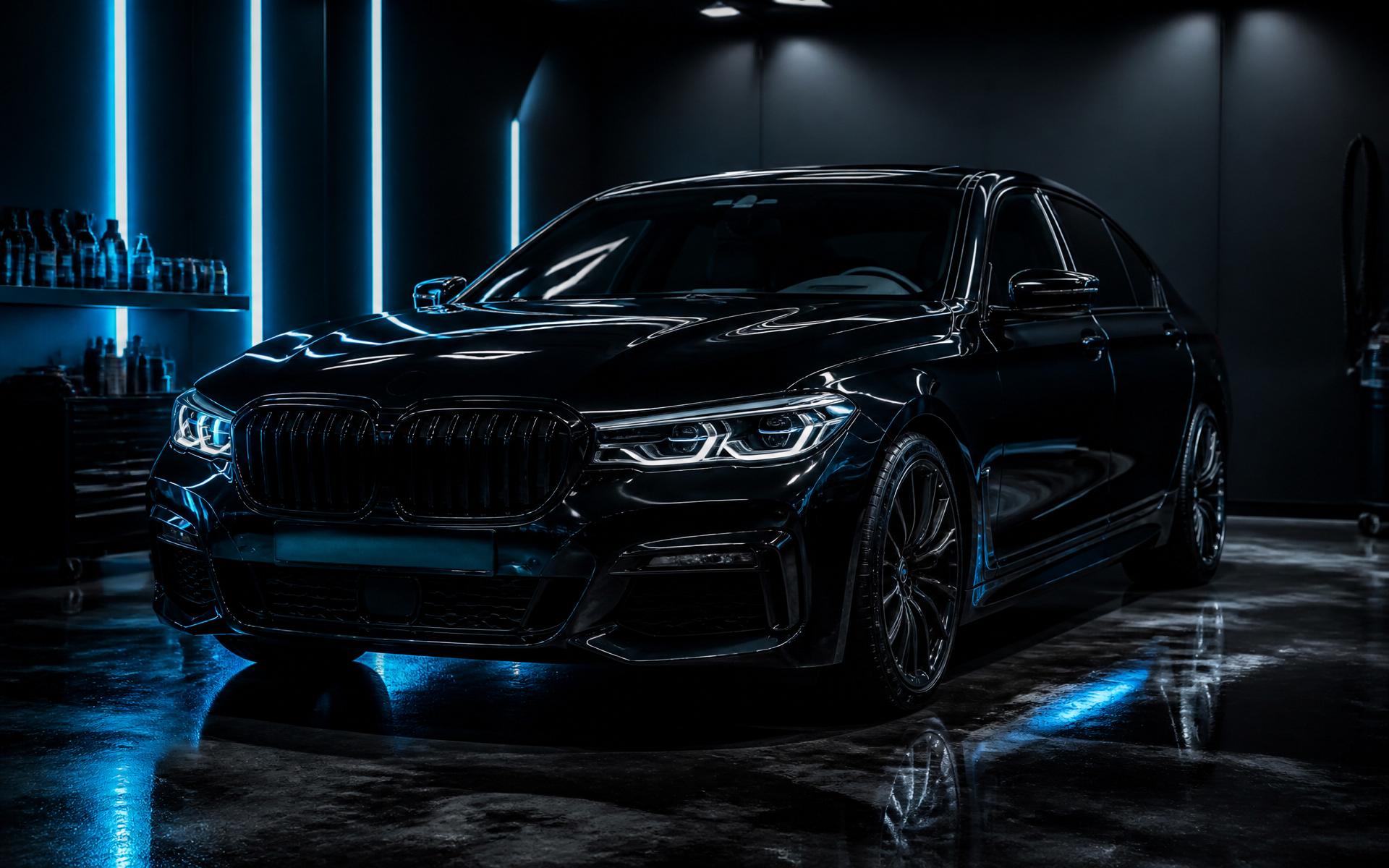 Carro preto brilhante em estúdio de estética automotiva com iluminação azul