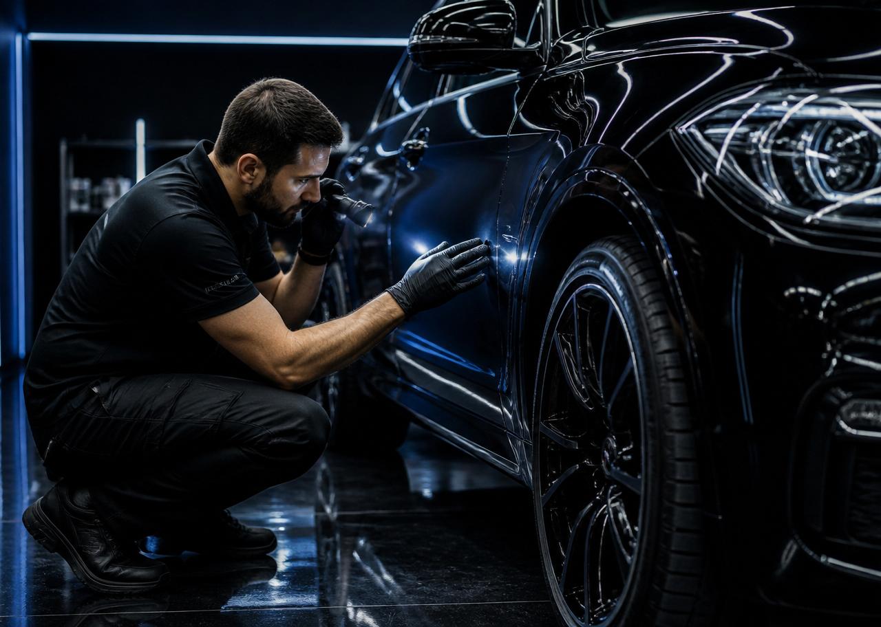 Profissional ESTTCAR inspecionando o acabamento de um veículo premium